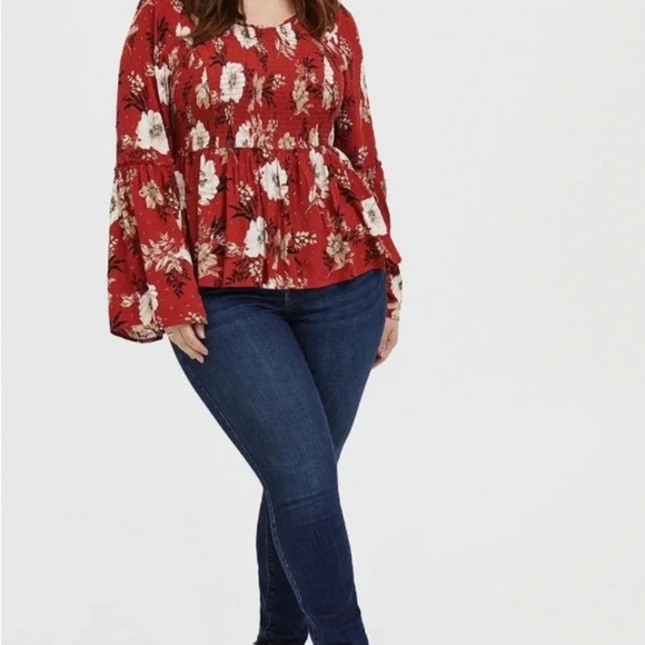 Torrid 5X Babydoll Crinkle Gauze Midi Top Orange Floral Women's Plus Stretch - Picture 2 of 7